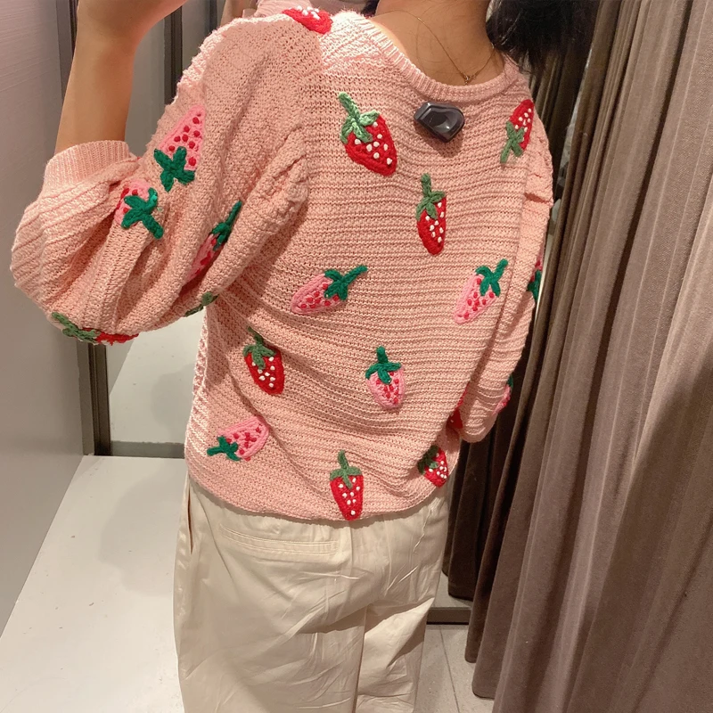 Милые женские свитера с круглым вырезом Осенние вязаные топы вышивкой клубники