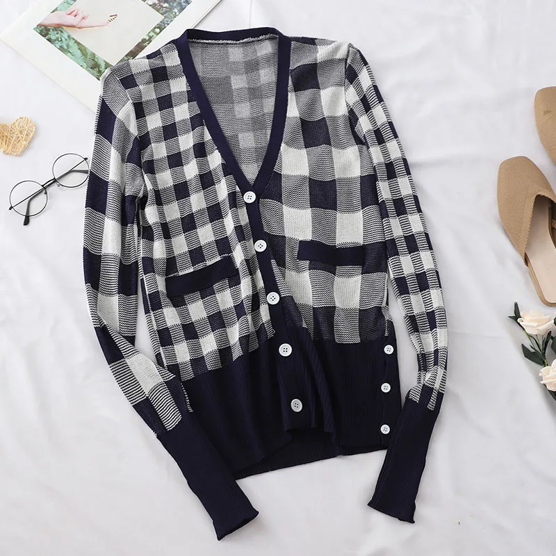 Women's Patchwork Plaid Knit Cardigan Woman Single-breasted Sweater Korean Fashion Chic Thin GD081 |