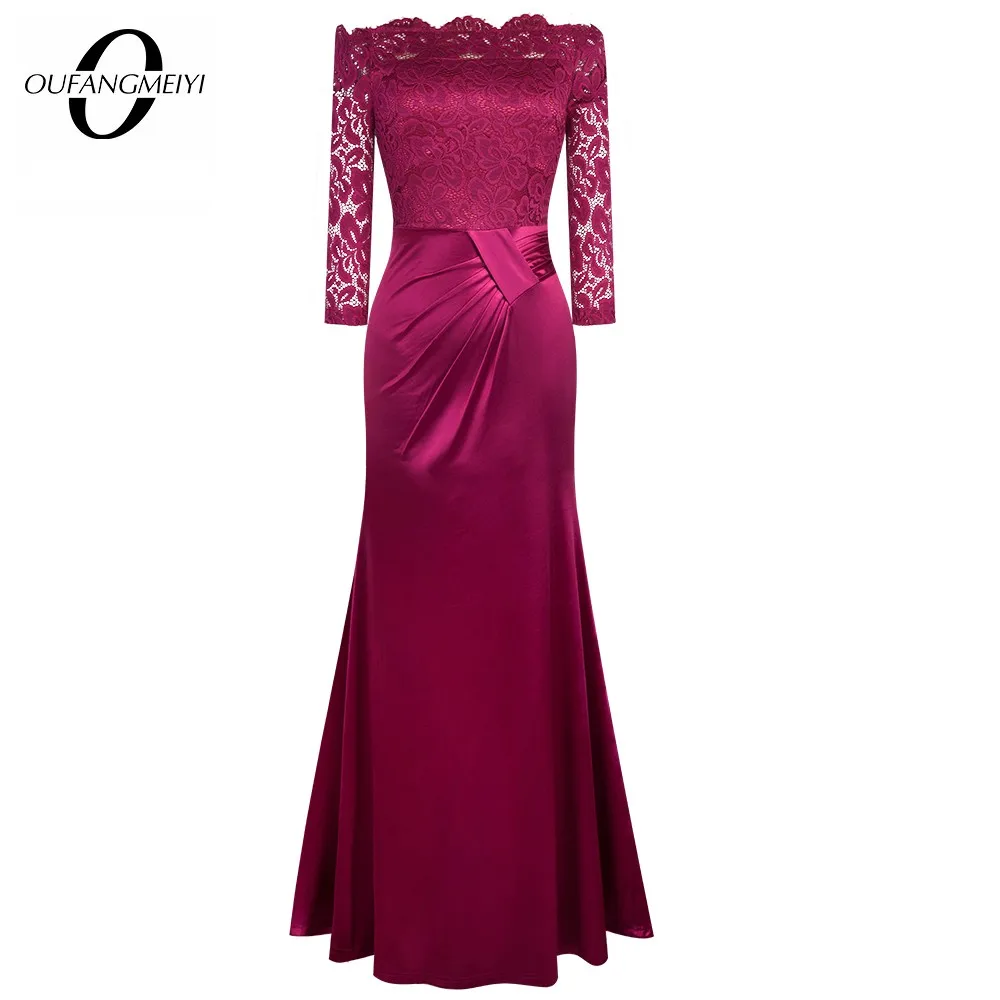 Autumn Women Elegant Hollow Out Floral Lace Patchwork Gown Evening Party Long Maxi Slim Dress 1EA029