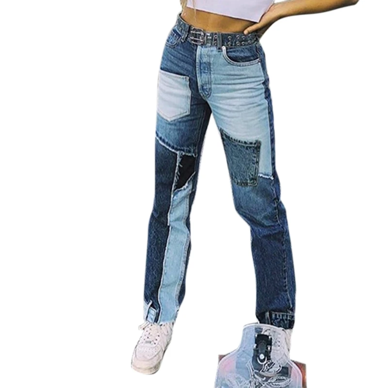 

Women High Waist Color Block Jeans Pocket Patchwork Hip Hop Straight Denim Pants J78E