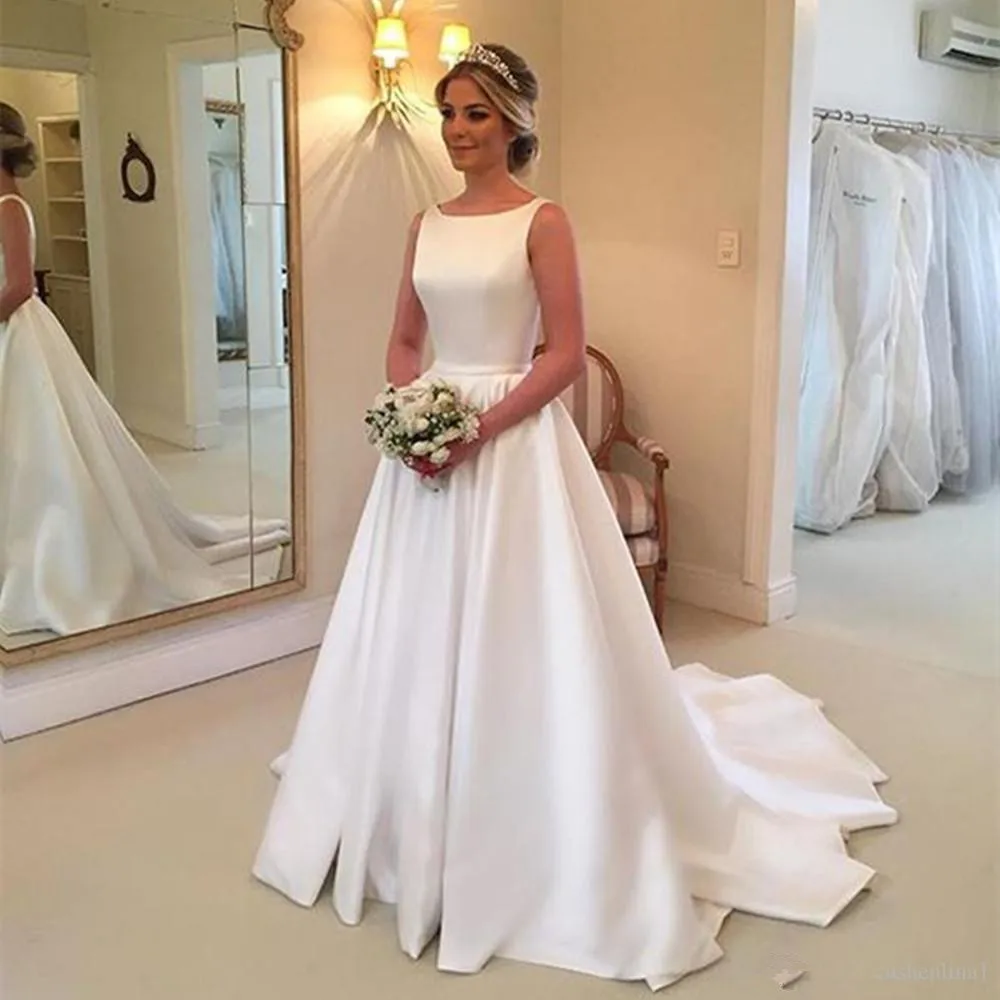 

Wedding Dresses 2020 New A Line Sweep Train Backless Simple Bridal Dress Vestido De Casameto Cheap Robe De Mariage Custom Made