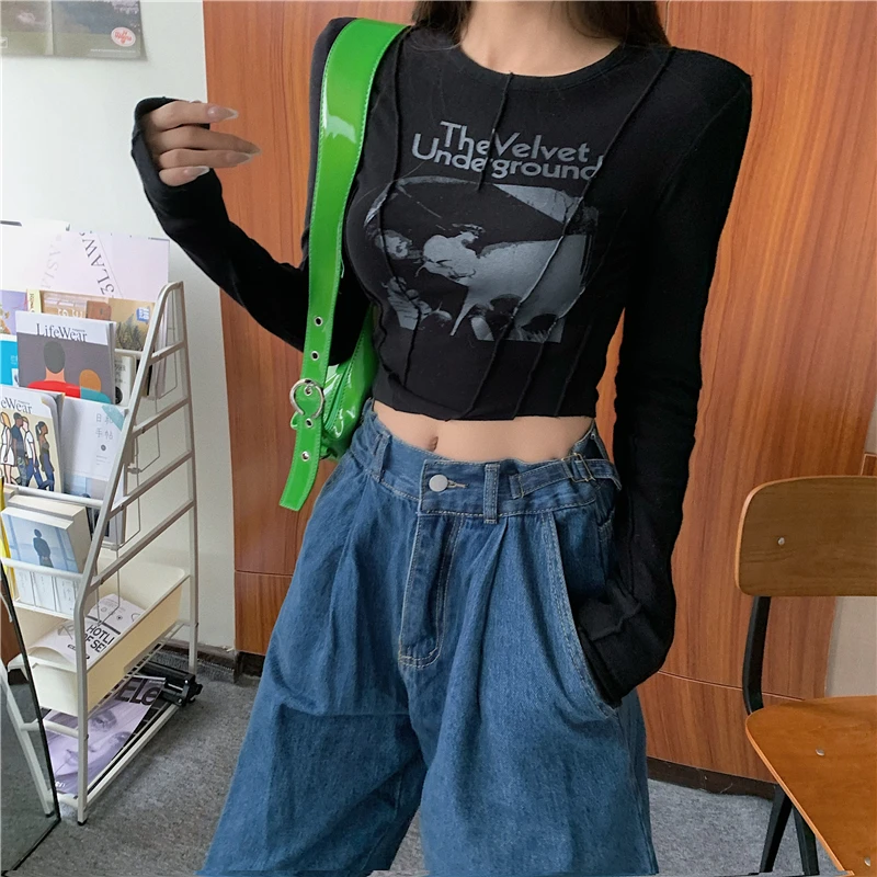 

Sexy Slim Long Sleeve Crop Top Grunge Letters Print Hypotenuse Design Asymmetrical Chic T Shirts Punk Style Streetwear