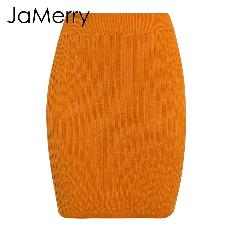 Orange JaMerry/Винтажные женские юбки с эластичным поясом; сезон осень-зима; теплая трикотажная прямая юбка в рубчик; однотонная короткая мини-праздничная одежда юбка - Цвет: Orange