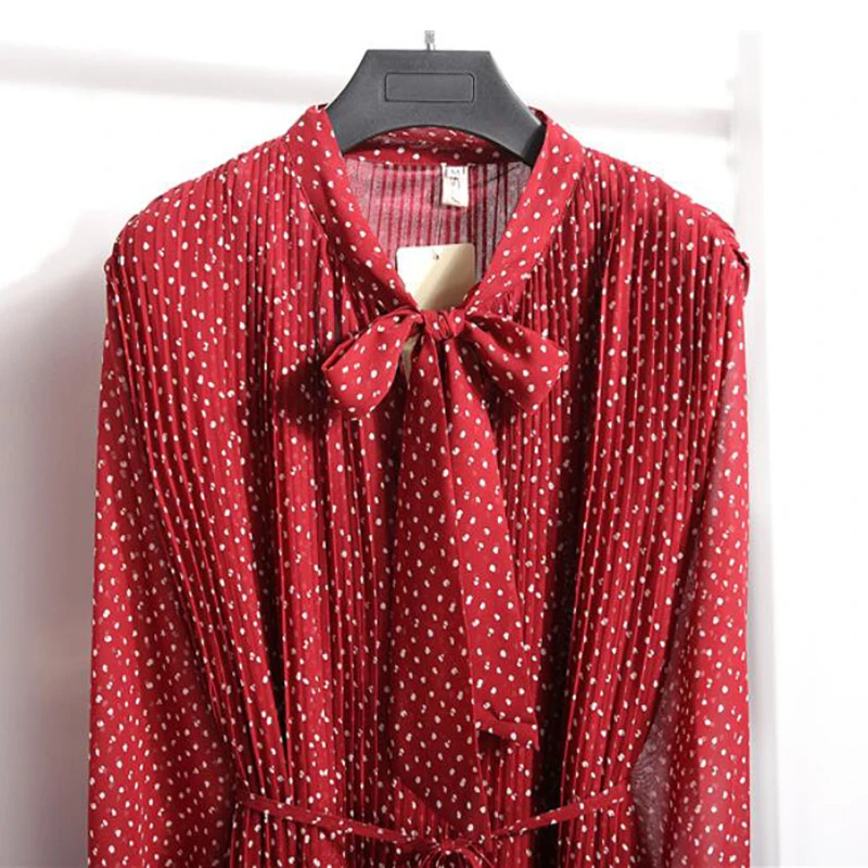 

Polka dot Print Chiffon Dress Women Spring Long Sleeve Bow Loose Pleated Dress High waist Vintage Long Dress Vestidos Plus Size