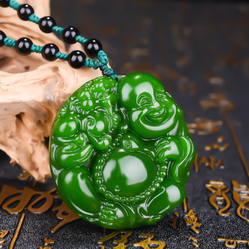 

Chinese Natural Green Jade Maitreya Buddha Pendant Necklace Hand-carved Charm Jadeite Jewelry Fashion Amulet Gifts for Men Women