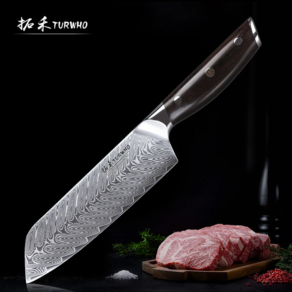 TURWHO, 7 дюймов, японские ножи шеф-повара, дамасская сталь, ножи Santoku, для мяса, фруктов, овощей, Профессиональный кухонный нож