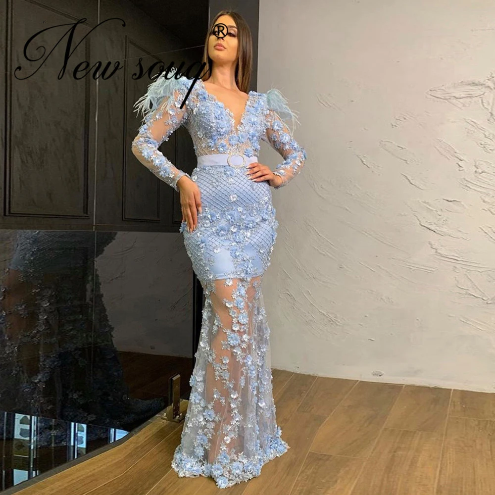 

Женское вечернее платье-русалка, длинное кружевное платье с 3D цветами и жемчугом в арабском стиле, платье для выпускного вечера, 2020