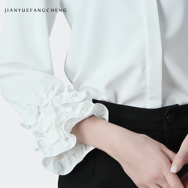 

Plus Size Women White Shirt Ruffles Long Sleeve Loose Single-breasted Top 2020 Spring Summer New Elegant Office Casual Blouses