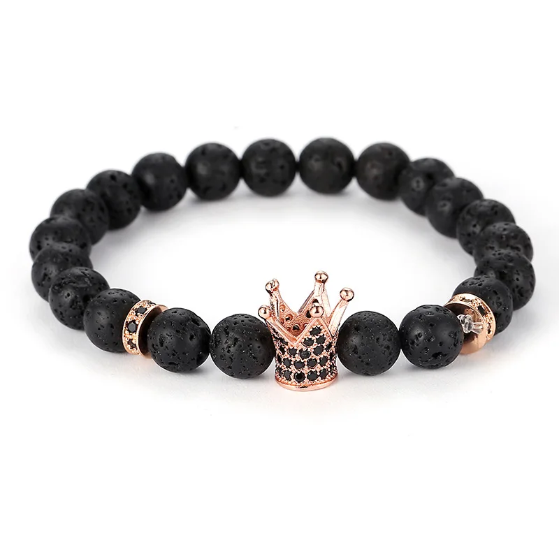

Trendy Natural Black Volcanic Lava Stone Beads Bracelet Pave CZ crown sheet Bracelets for Women&Men Charm Jewelry Elegant Gifts