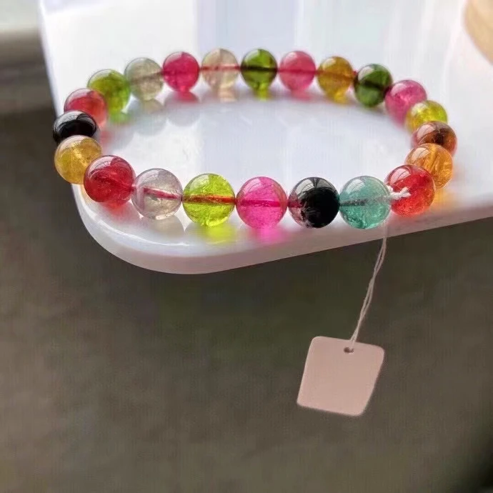 

100% Natural Colorful Tourmaline Rainbow Quartz Bracelet 8.8mm From Brazil Clear Round Beads Women Men Fashion Best AAAAA
