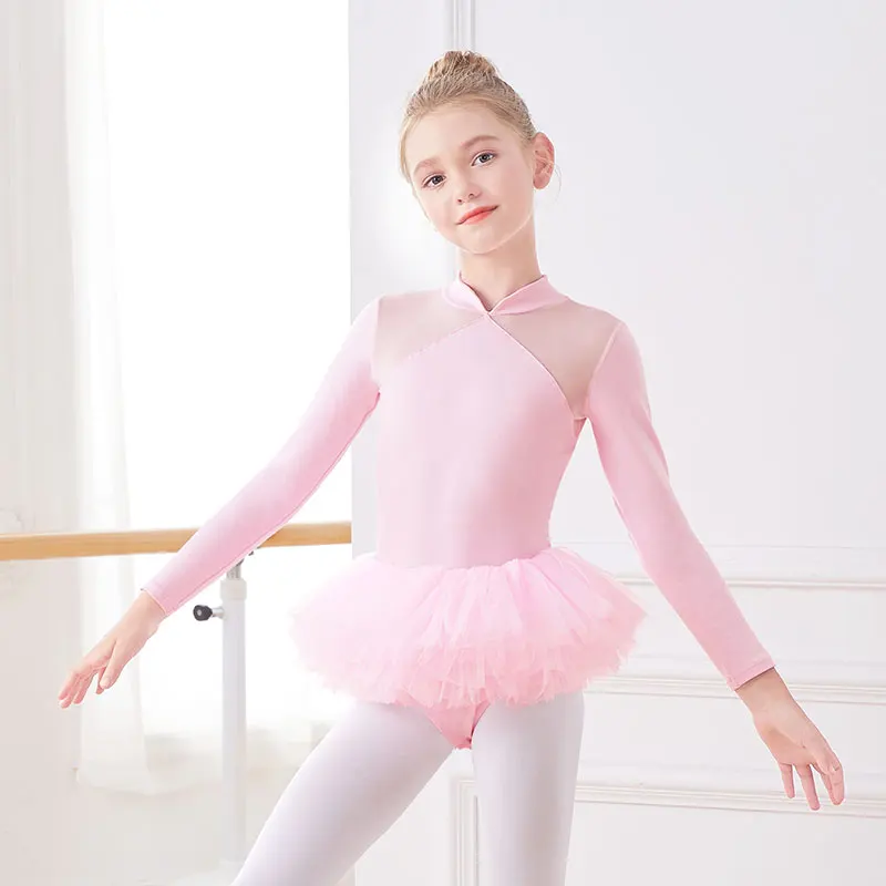 Gymnastics Leotard Girls Stand Collar Dance Swimsuit Ballet Leotards Dancing Bodysuit Mesh Splice Dance Leotard