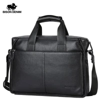 bison denim cowskin genuine leather mens briefcase large capacity laptop soft messenger bag busniss black handbag n2237 3