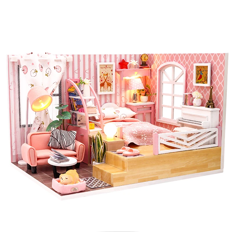 

Набор для кукольного домика «сделай сам» из розового дерева в стиле лофт, сборная миниатюрная мебель с подсветкой, дом принцессы, кукольный ...