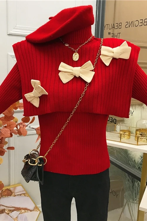 

Women's Bow Turtleneck Sweater for Women 2021 Spring New Slimming Two-Piece Suit with A Shawl Knitwear Outerwear Female Sweaters