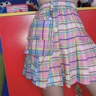 Повседневная Радужная трапециевидная юбка с высокой талией, милая корейская форма, Женская кавайная юбка средней длины, клетчатая плиссированная юбка в стиле Харадзюку