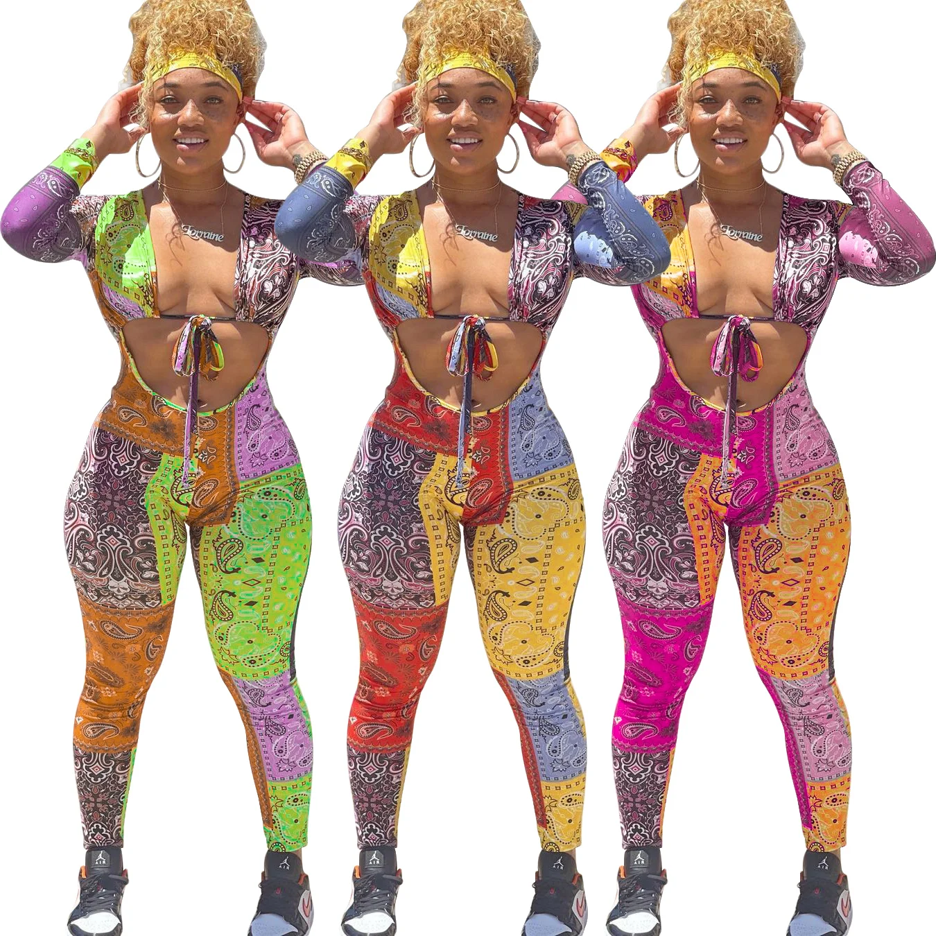 

2021 Hot Sale European And American Style Sexy Slim Print Hollow Out Bandage Jumpsuit Pencil Pants For Women