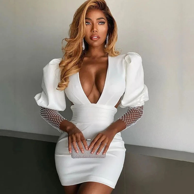 

Женское вечернее платье с открытой спиной, блестящее, с буффами и рукавами-фонариками, Сетчатое, облегающее, белое, с v-образным вырезом, Клуб...