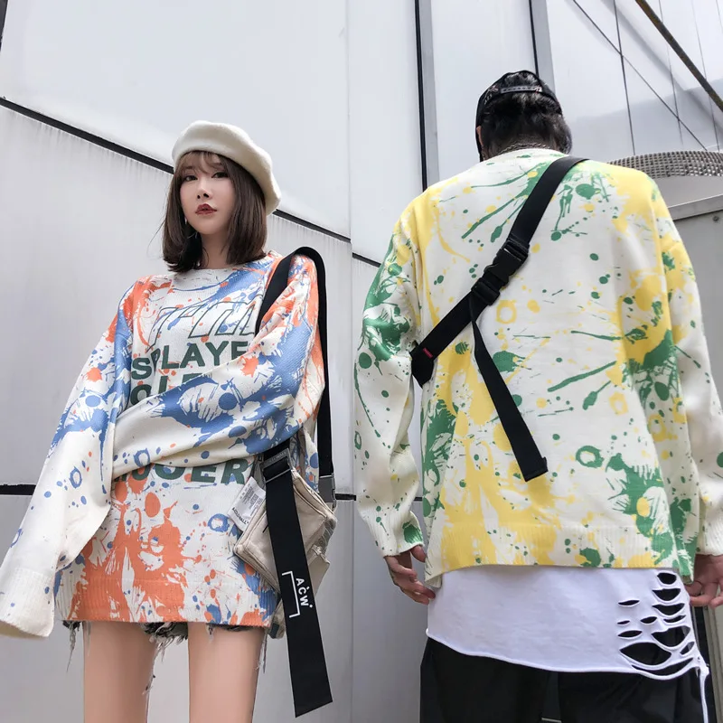 

Hit Color Sweaters Pullovers Men Autumn Winter Casual Couple Wear Loose Streetwear Male Sweaters Print Tie-dye Knitted Letter