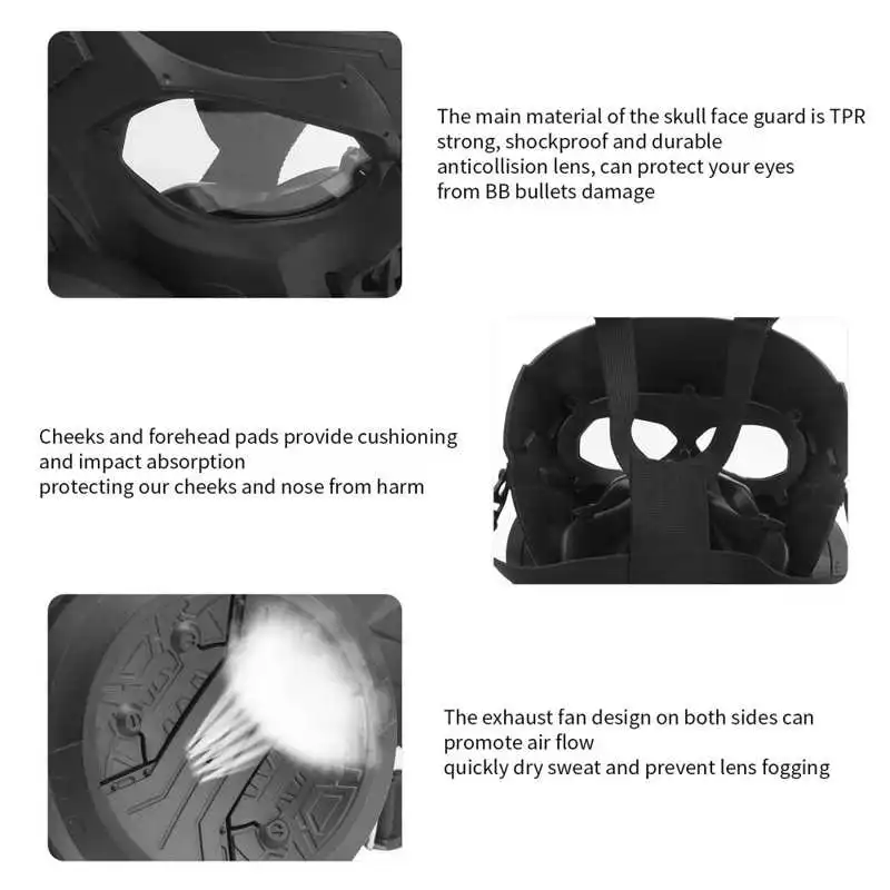 

Skull Face Guard Clear Lens Full Face Guard Protection Cover Removable Dual Fans for CS Outdoor Game Cycling TPR Face Cover