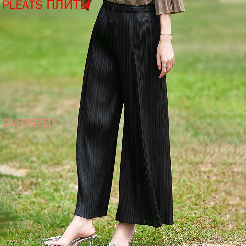 Show Thin Straight Wide Leg Pleated Women's Pants Spring and Autumn Miyake OL Temperament High Waist Pure Color Casual Pants