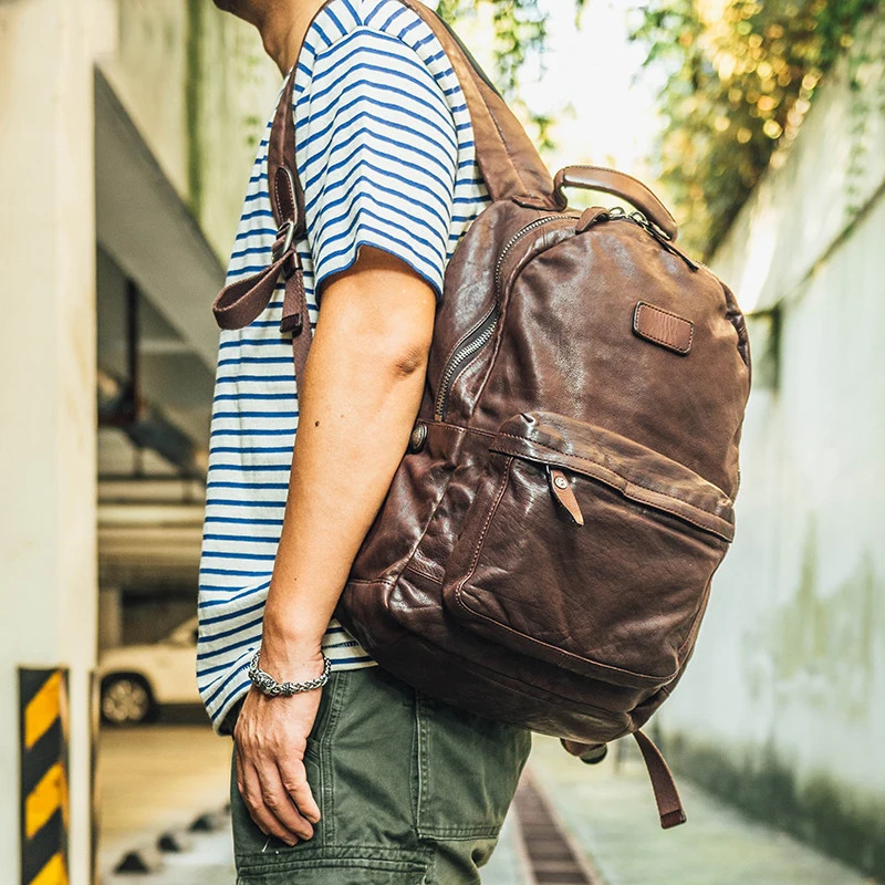 

retro genuine leather men's women's backpack high quality luxury real cowhide daily travel fashion designer laptop bagpack
