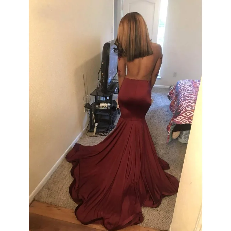 

Jewel Neck Burgundy Long Sleeve Mermaid Prom Dresses Sheer Illusion Backless Long Evening Gowns Party Wear