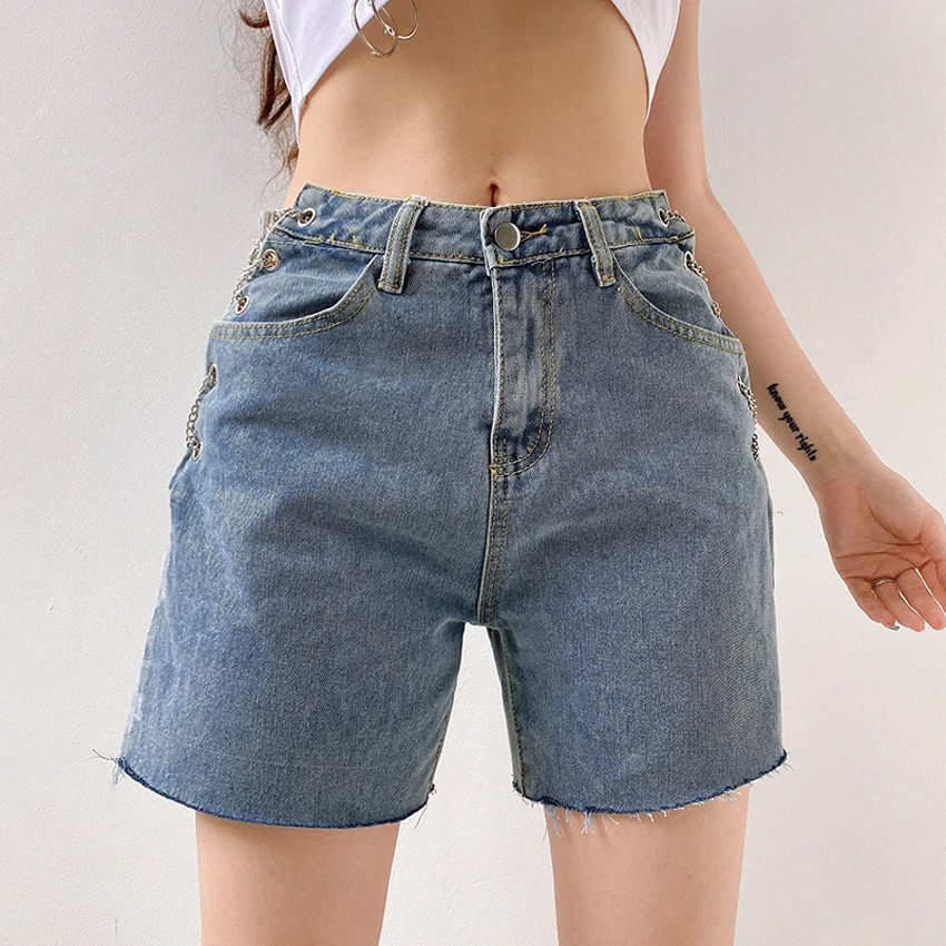 

Summer High Waisted Wide Leg Denim Shorts Ladies Loose Broken Hole Short Jeans Women Korea Pockets Was Thin Knee Shorts Jeans