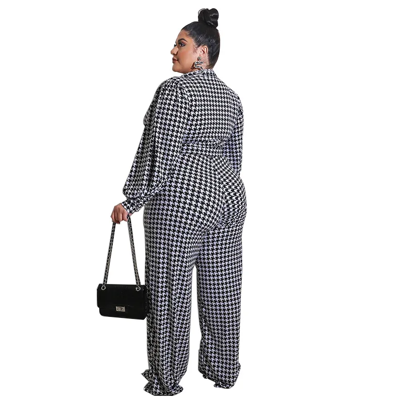 

Zoctuo Jumpsuits For Women Elegant Women Plaid Printing Straight Jumpsuits Plus Size Turn-down Collar Lantern Sleeve Romper 2021