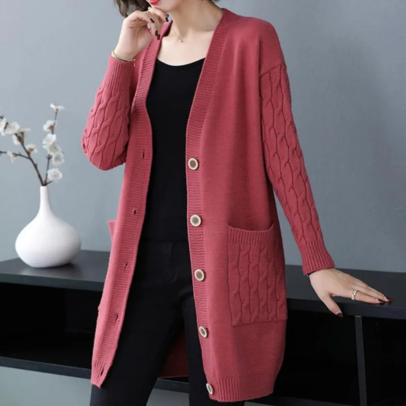 

Women's V-neck Vintage sweater, plain loose knit garment, casual single chest cardigan, autumn of 21