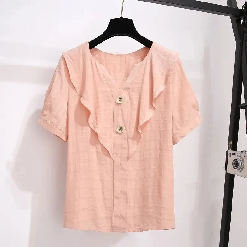 

Summer Shirts Korean Ladies Fashion Short Sleeve Chiffon Shirt Simple Ruffle Button V Neck Top Office Blouse Women Blusas Mujer