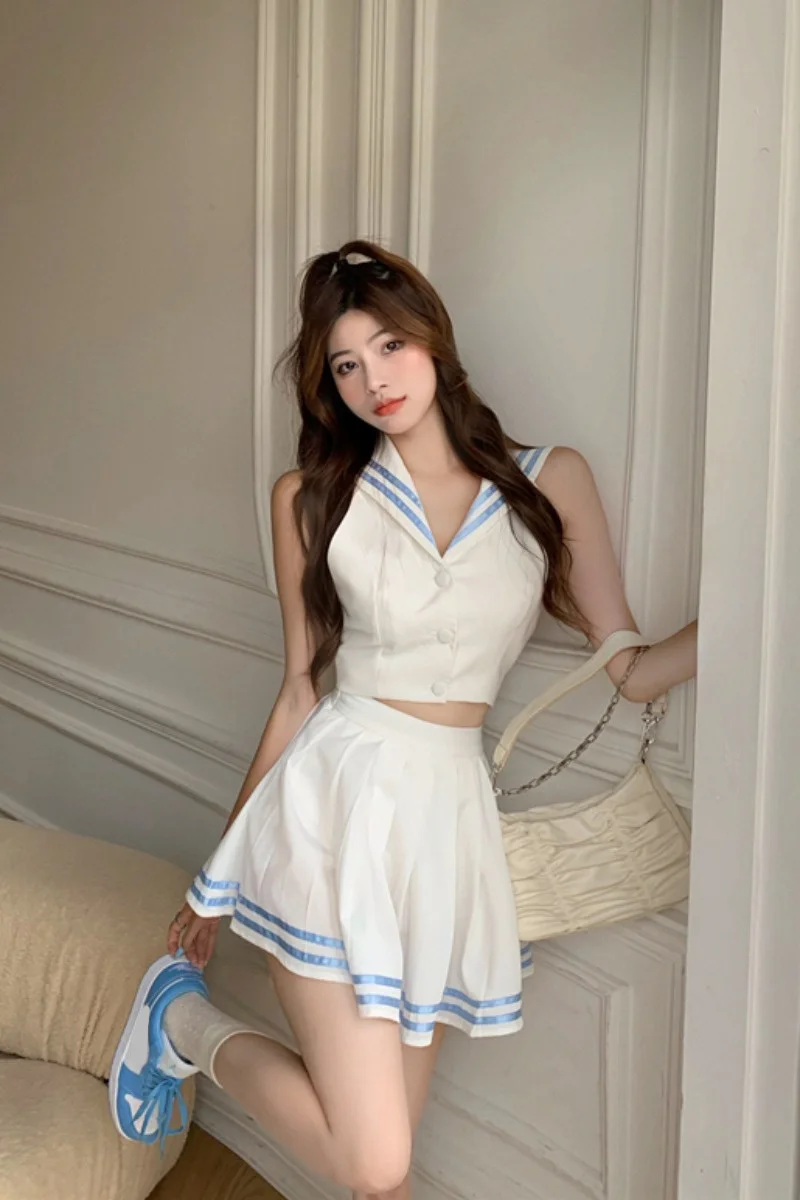 

Sexy Two Piece Crop Top And Skirt Set 2021 Women Skirts Blue Gothic new style Student outfit designer mori girl clothes