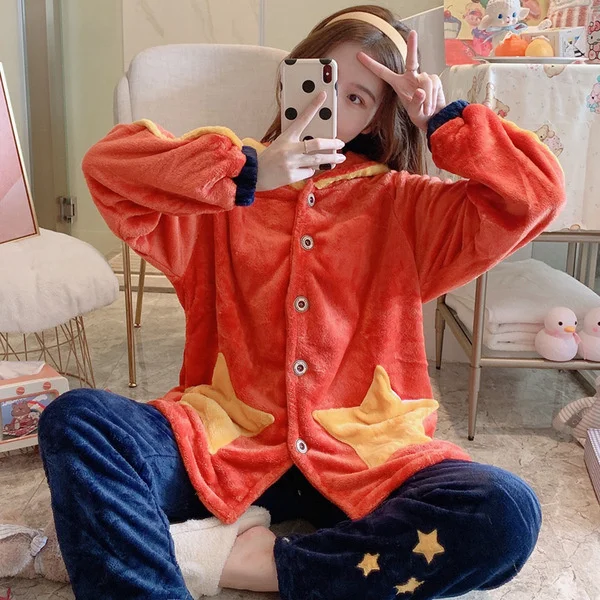 Coral Velvet Pajamas Women's Winter Thickened Plush Flannel Cute Outdoor Autumn And Home Clothes Set Spring