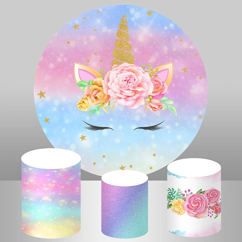 

Rainbow Glitter Flower Pink Unicorn Birthday Party Round Backdrop Cover Candy Cake Table Banner Decoration Cylinder Cover Circle