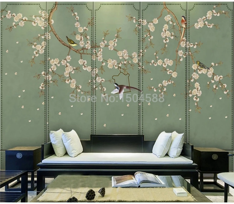 flor de ameixa e pássaros mural sala