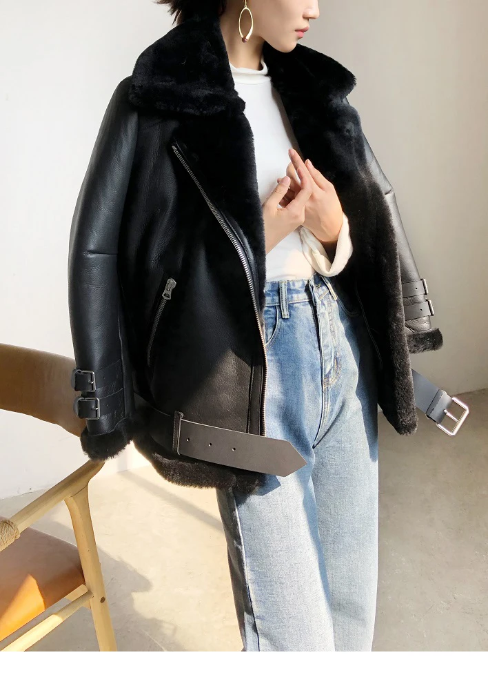 Winter Lamb Fur Bomber Real leather Jacket Women New Sheepskin Double Face Shearling Coat Oversized Genuine Leather Jackets