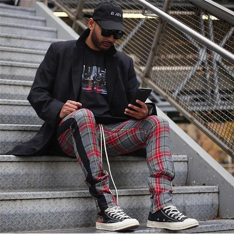 Mens Casual Pants Scotland Plaid Long Trousers Side Zipper Tracksuit Fitness Elastic Cotton Workout Male Modis | Мужская одежда