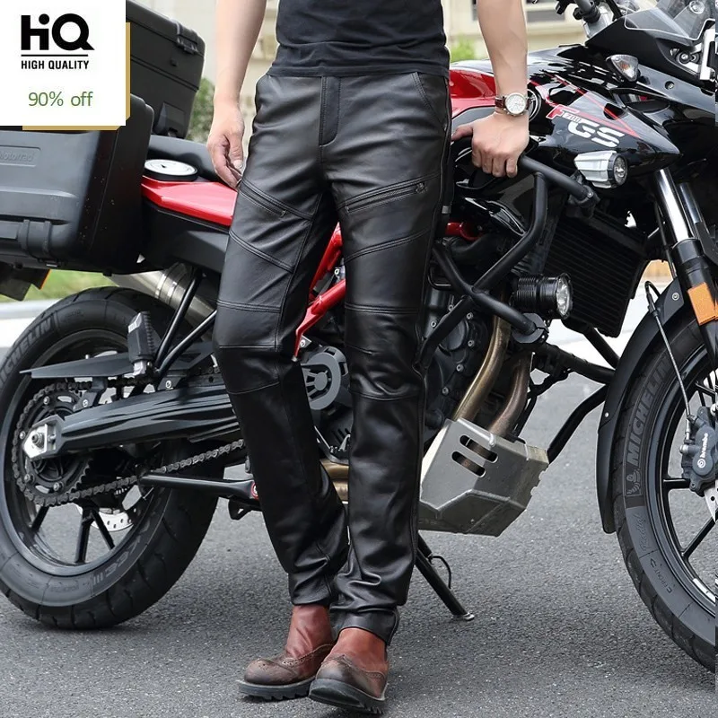Winter Warm Fleece Lining Motorcycle Pants Men Windproof Genuine Leather Punk Cargo Trousers Zipper Biker Streetwear | Мужская одежда