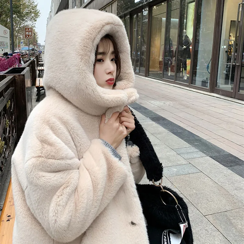 

Fashion Rex Rabbit Long Winter Fur Coat Women Luxury Hooded Imitation Mink Fur Coat Thick Warm Coat Plush Jacket Loose Women