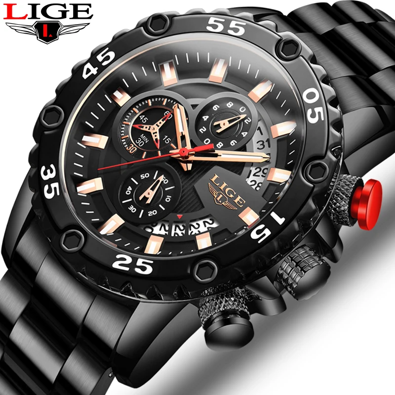 

2020 LIGE Quartz Wrist Watch Man Fashion Black Mens Watches Top Brand Luxury All Steel Watch For Men Military Sport Chronograph