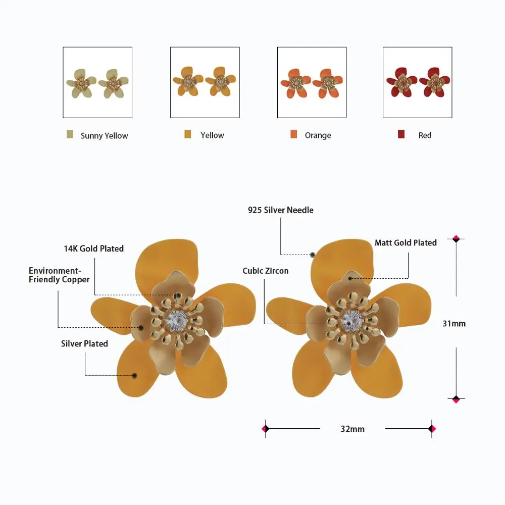 Серьги-гвоздики Neoglory с подсолнухами женские яркие эмалевые украшения в