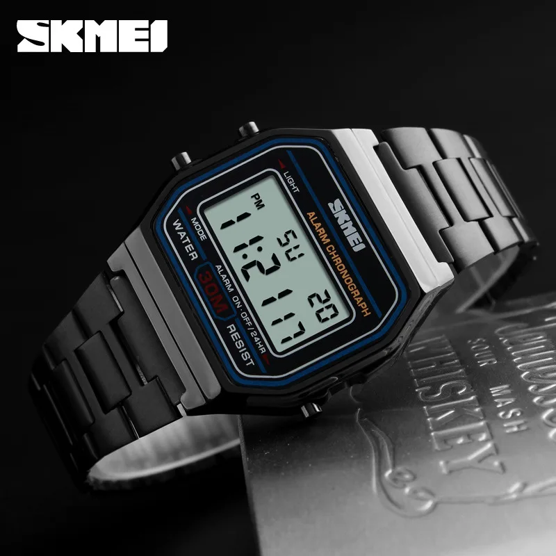 SKMEI Blue Мужские часы винтажные электронный цифровой дисплей Ретро стиль Золото