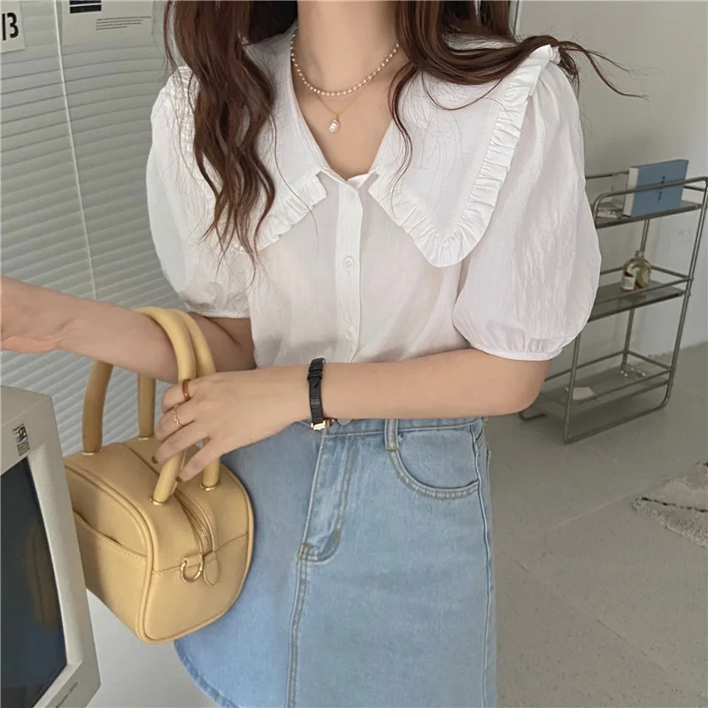 

Hzirip Korean Summer Vintage New Peter Pan Collar Puff Sleeve 2021 Solid Color Ladies All-Match Fashion Gentle Casual Blouses