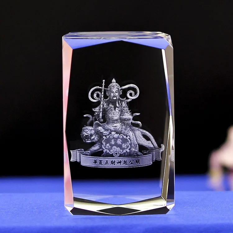 

3D Carved the god of wealth Zhao Gongming Transparent Crystal Glass Crafts Ornaments Figurines Feng Shui Home Decor
