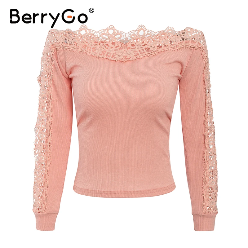 BerryGo сексуальные женские свитера с открытыми плечами повседневные розовые