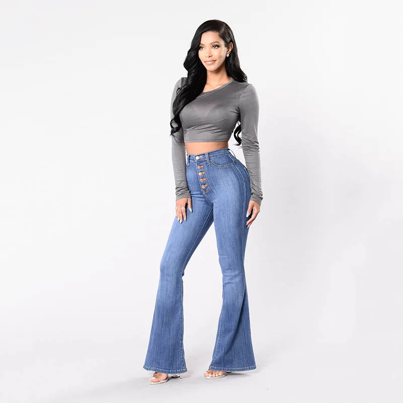 Женские расклешенные джинсы с высокой талией, обтягивающие джинсовые штаны, сексуальные брюки с эффектом пуш-ап, Стрейчевые Женские повседневные джинсы с широкими штанинами
