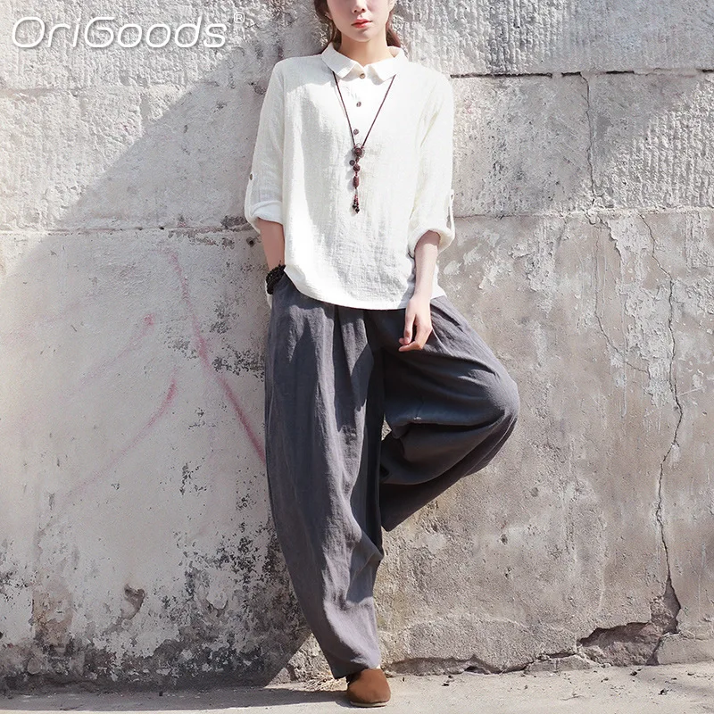 Оригинальные винтажные шаровары женские льняные хлопковые брюки большого