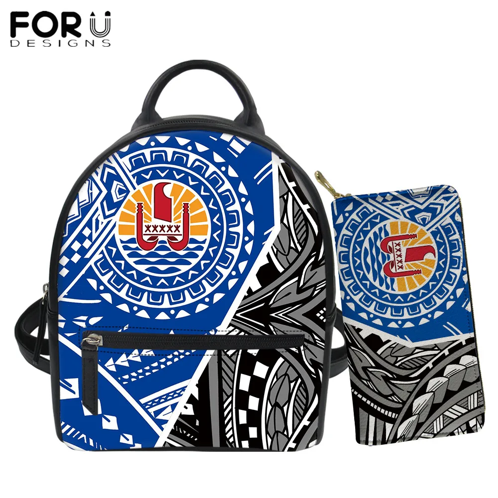 

FORUDESIGNS Luxury Designer Women Travel Backpack Set Tahiti Polynesian Tribal Print PU Leather Ladies Wallets Fashion Mini Bags