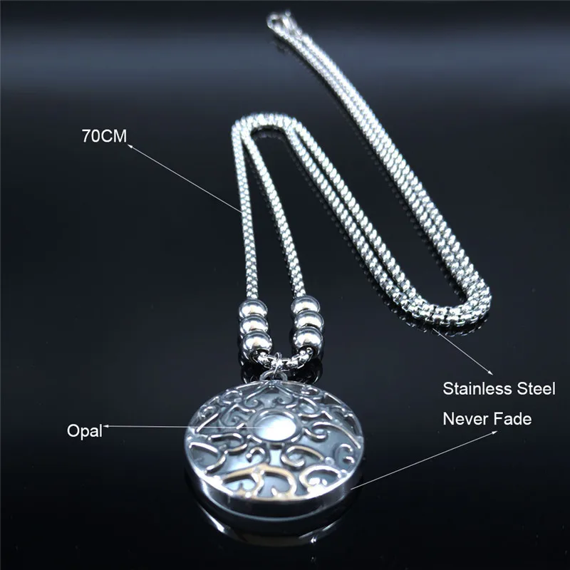 

2021 Opal Stainless Steel Long Necklace for Women Silver Color Flower of Life Necklace Fashion Jewelry collares largos N20120