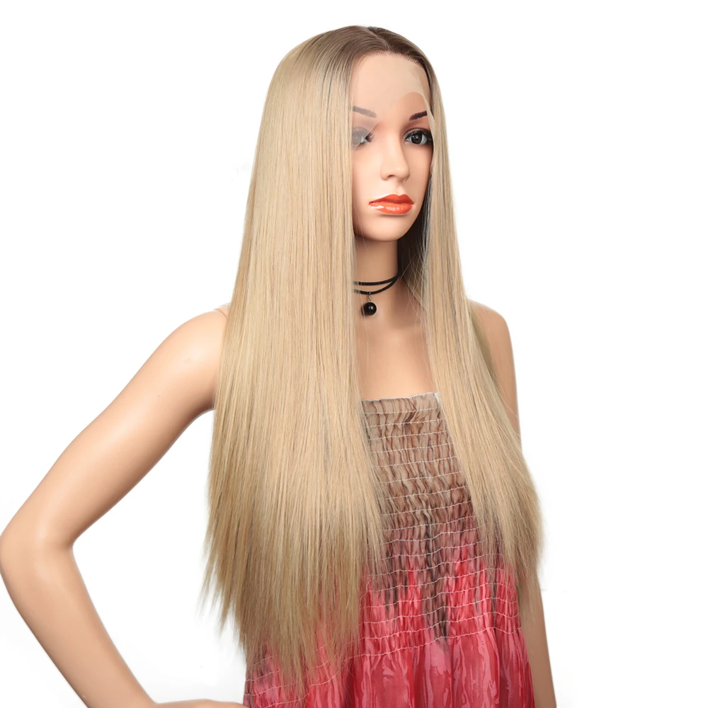 

30inch Synthetic Long Natural Straight Hair Front Lace Wig Sillky High Temperature Half Hand Woven For Women