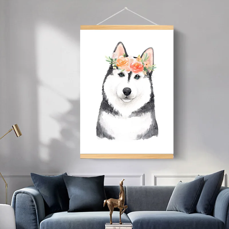 Цветочная корона плакат с принтом хаски и собак деревянной рамкой акварельные
